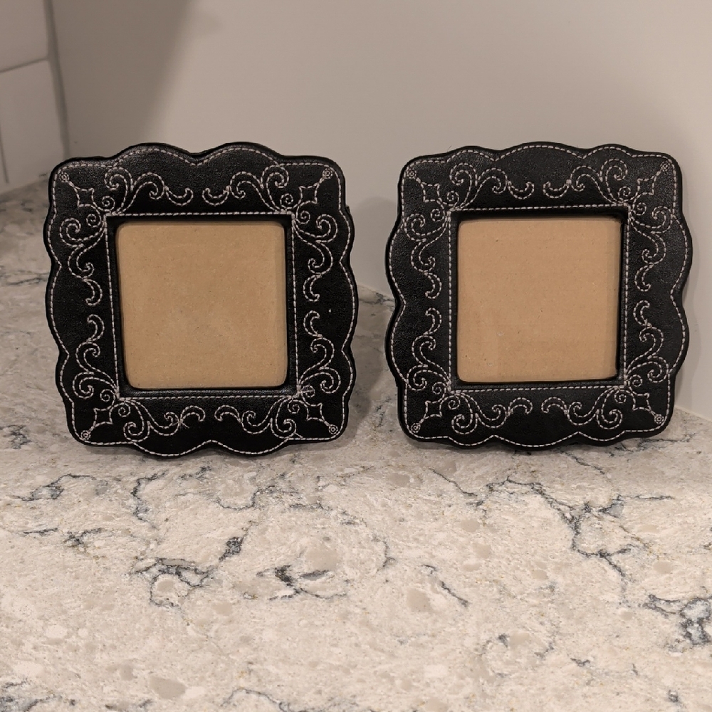 Vegan Leather Black Photo Frame Set With White Stitching